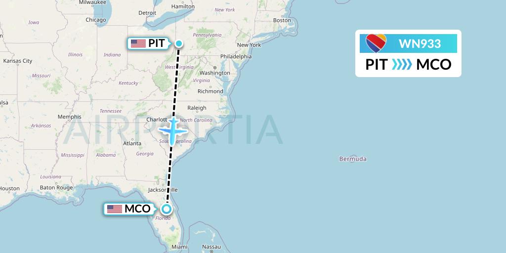 WN933 Southwest Airlines Flight Map: Pittsburgh to Orlando