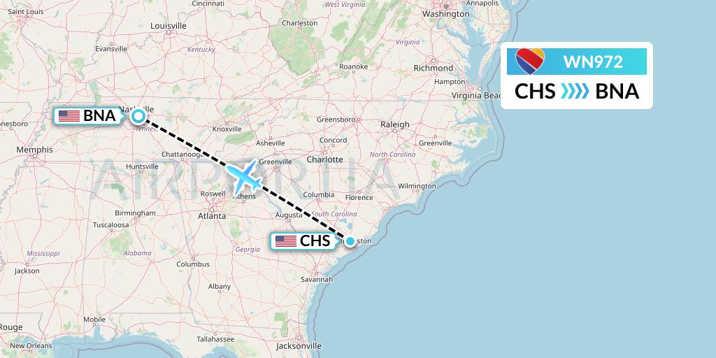 WN972 Southwest Airlines Flight Map: Charleston to Nashville