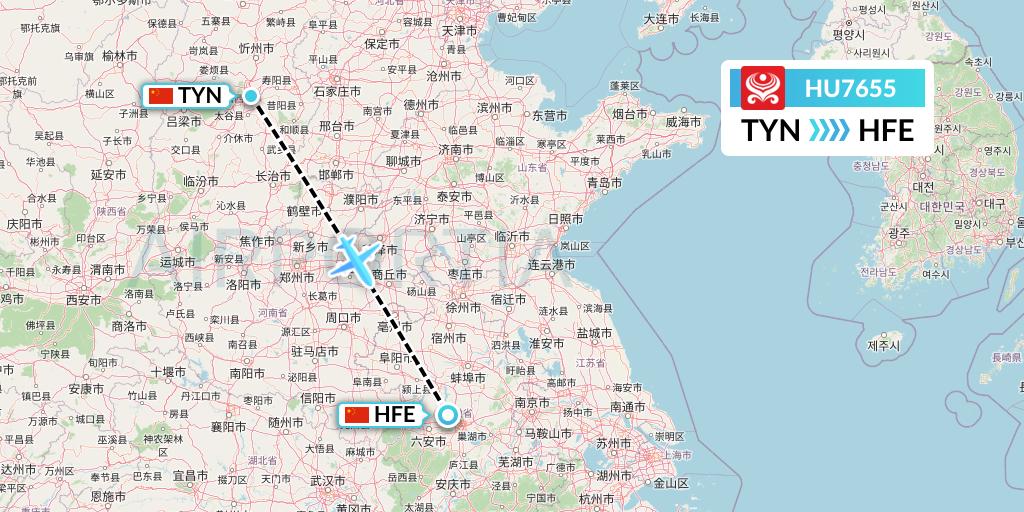 HU7655 Hainan Airlines Flight Map: Taiyuan to Hefei