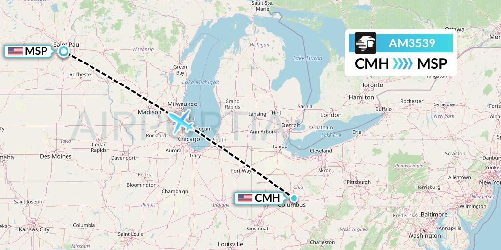 AM3539 Aeromexico Flight Map: Columbus to Minneapolis