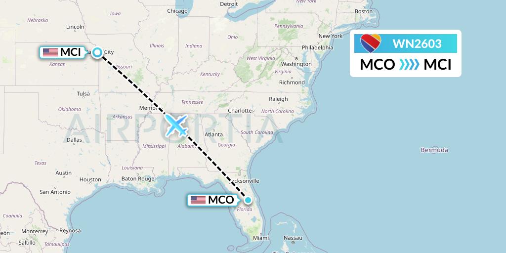 WN2603 Southwest Airlines Flight Map: Orlando to Kansas City