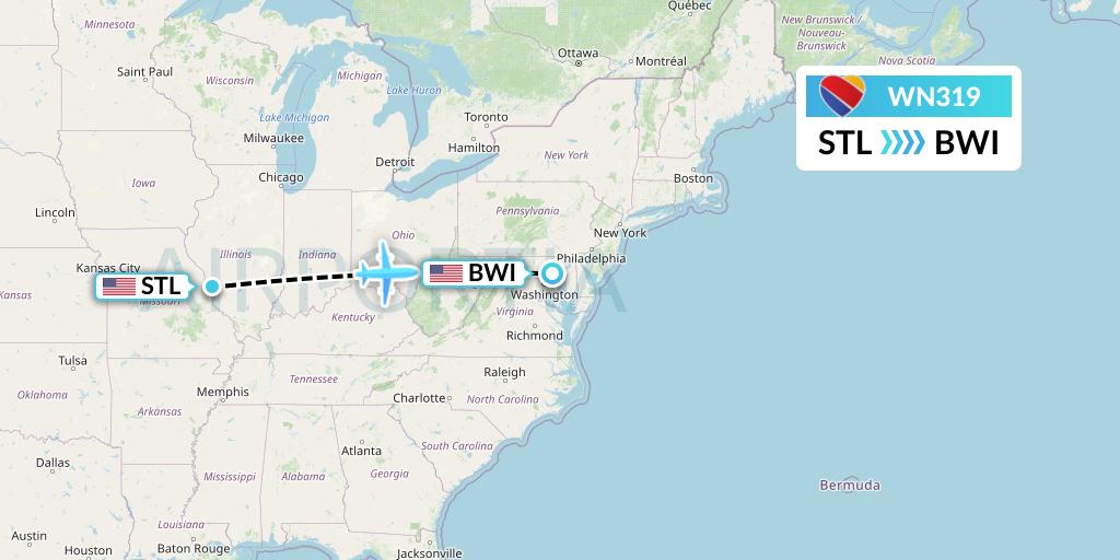 WN319 Southwest Airlines Flight Map: St. Louis to Baltimore