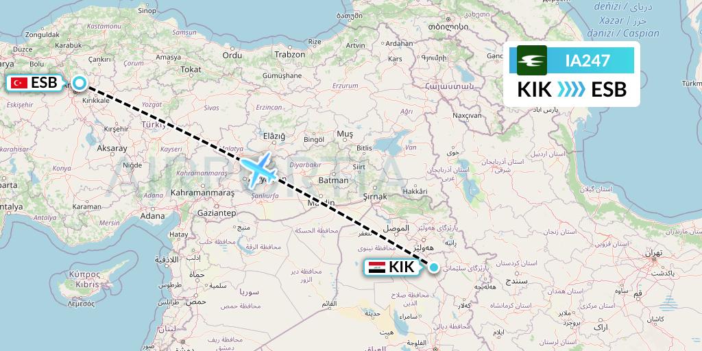 IA247 Iraqi Airways Flight Map: Kirkuk to Ankara