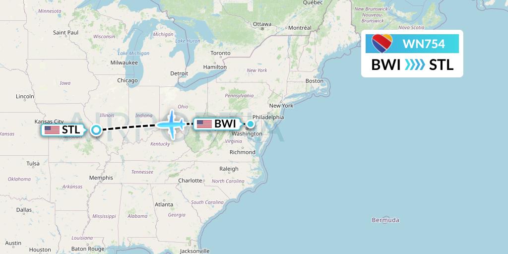 WN754 Southwest Airlines Flight Map: Baltimore to St. Louis