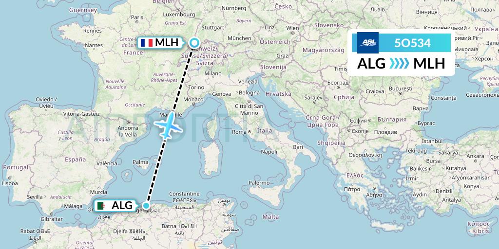5O534 ASL Airlines France Flight Map: Algiers to Basel Mulhouse Freiburg
