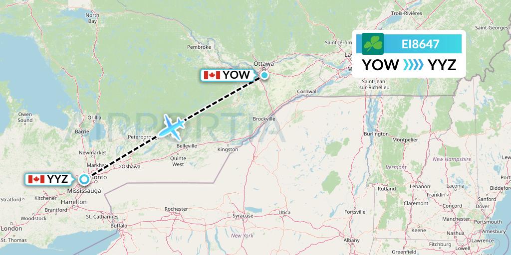 EI8647 Aer Lingus Flight Map: Ottawa to Toronto