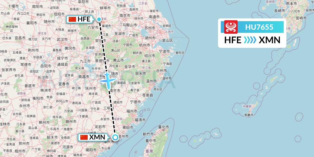 HU7655 Hainan Airlines Flight Map: Hefei to Xiamen