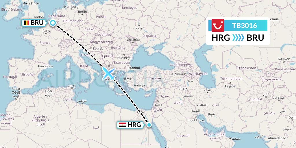 TB3016 TUI fly Belgium Flight Map: Hurghada to Brussels