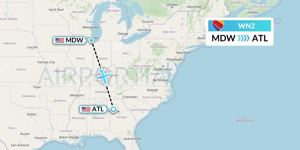 WN2 Southwest Airlines Flight Map: Chicago to Atlanta