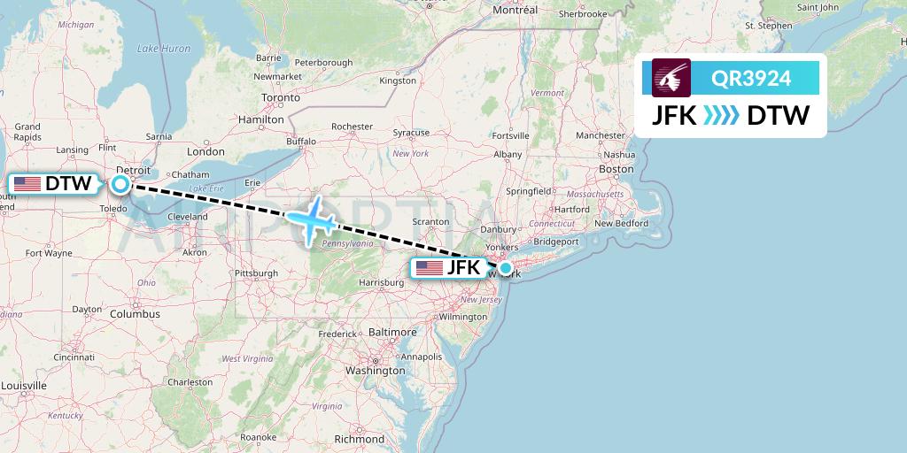 QR3924 Qatar Airways Flight Map: New York to Detroit