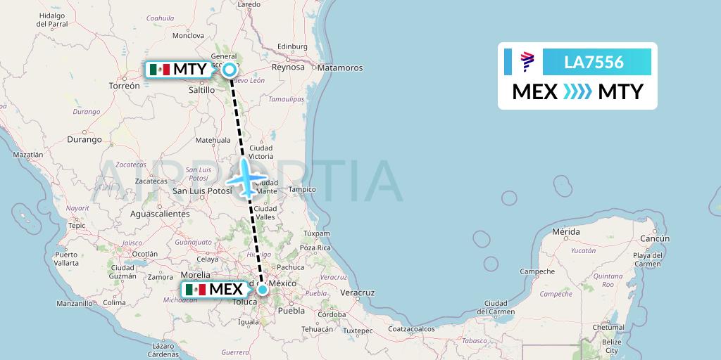 LA7556 LAN Airlines Flight Map: Mexico City to Monterrey