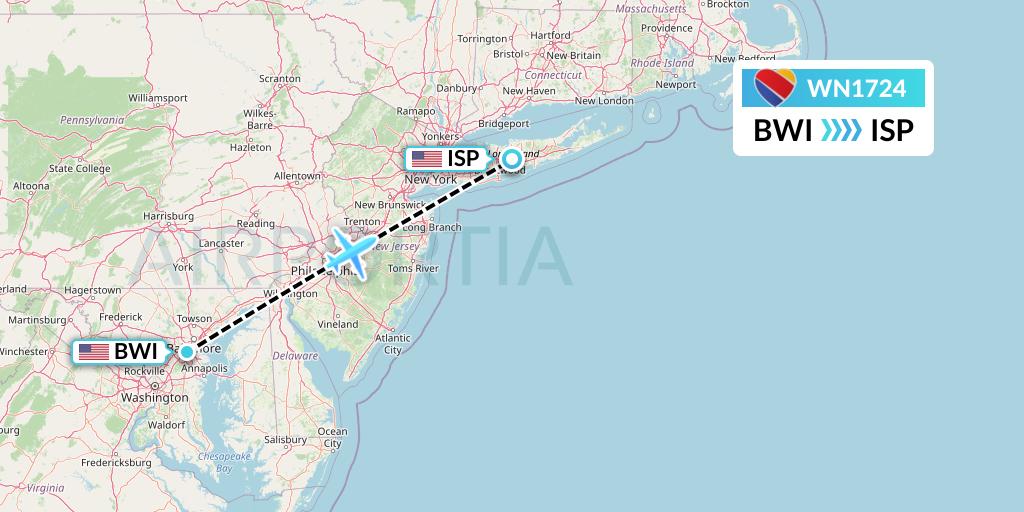 WN1724 Southwest Airlines Flight Map: Baltimore to Islip
