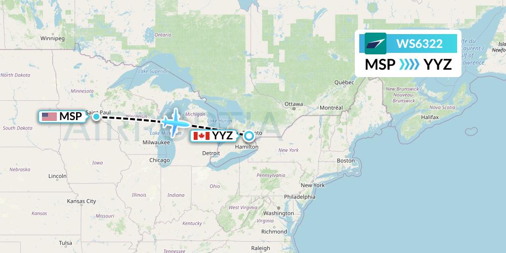 WS6322 WestJet Flight Map: Minneapolis to Toronto
