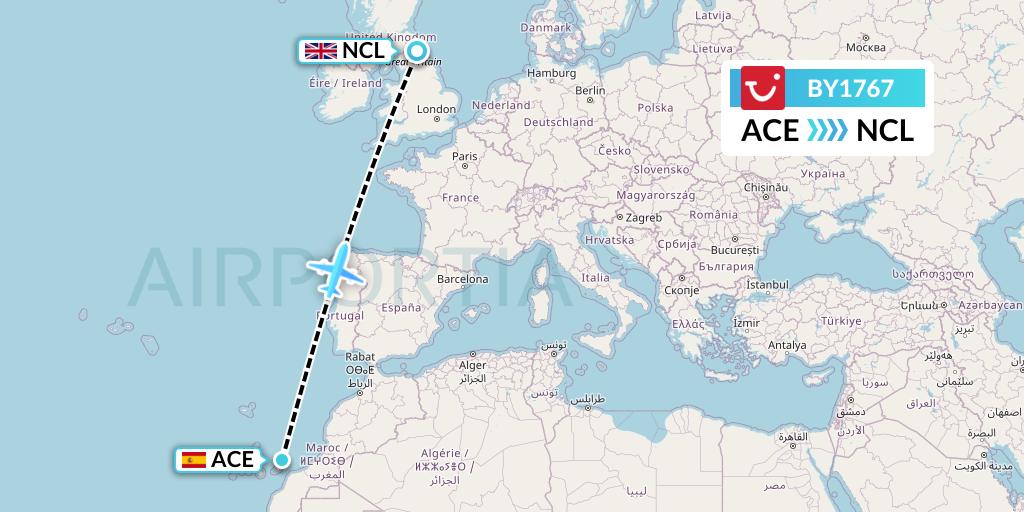 BY1767 TUI Airways Flight Map: Lanzarote to Newcastle