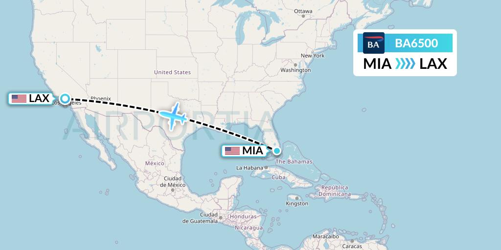BA6500 British Airways Flight Map: Miami to Los Angeles
