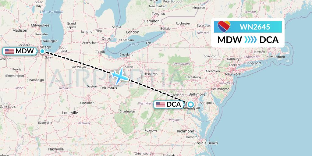 WN2645 Southwest Airlines Flight Map: Chicago to Washington