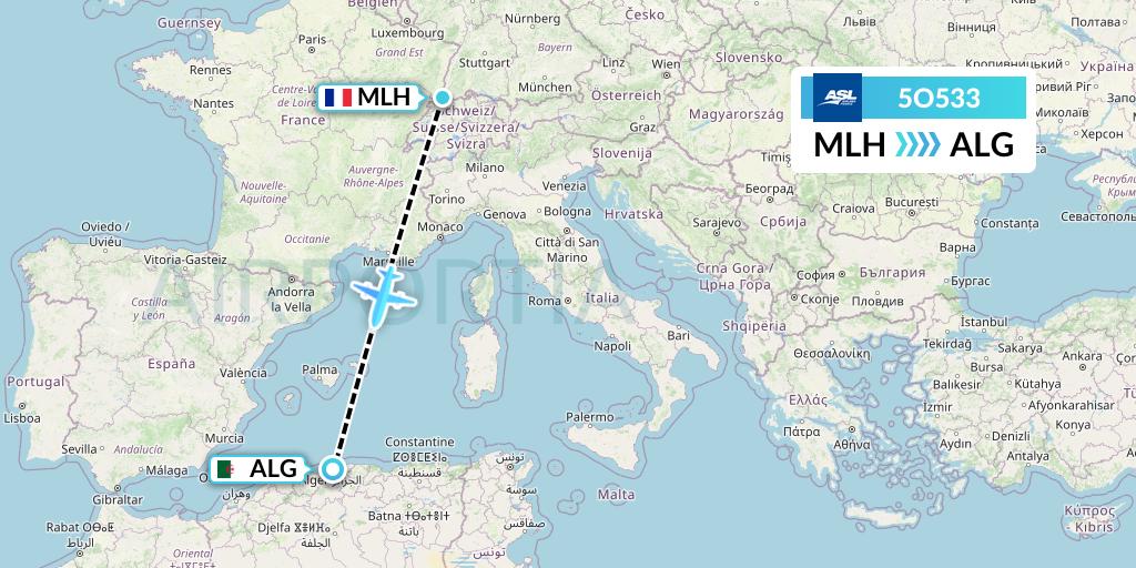 5O533 ASL Airlines France Flight Map: Basel Mulhouse Freiburg to Algiers