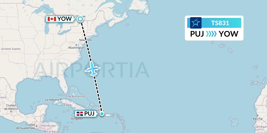 TS831 Air Transat Flight Map: Punta Cana to Ottawa