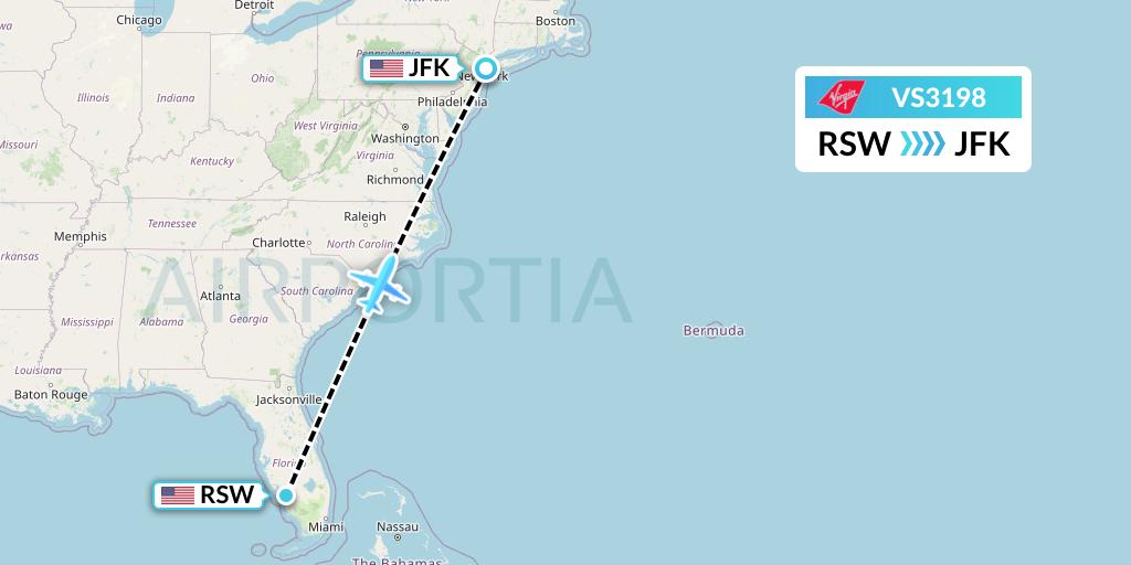 VS3198 Virgin Atlantic Airways Flight Map: Fort Myers to New York