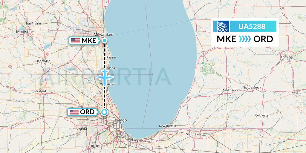 UA5288 United Airlines Flight Map: Milwaukee to Chicago