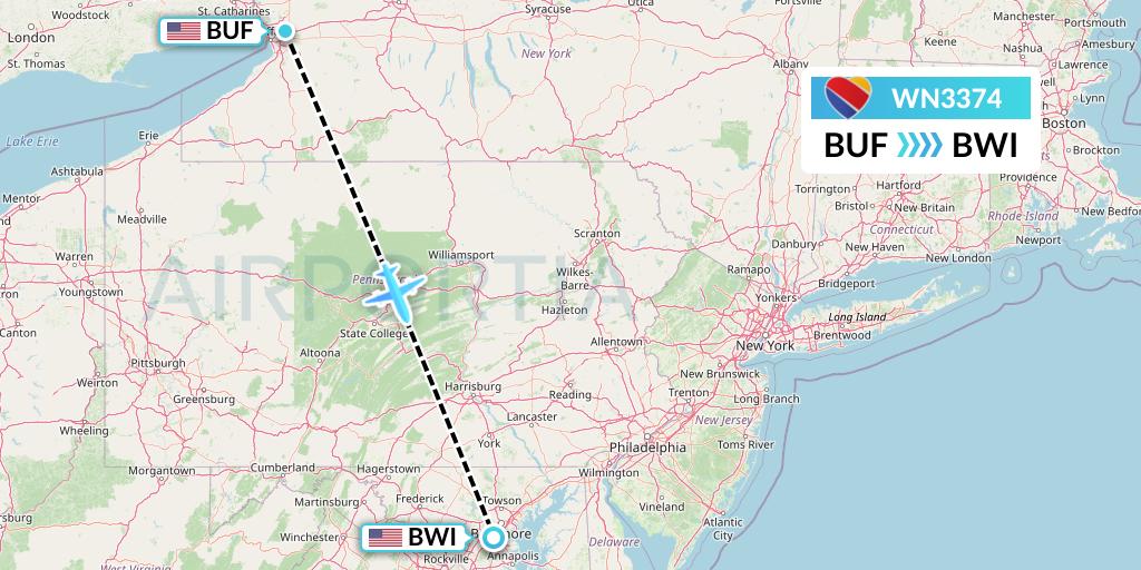 WN3374 Southwest Airlines Flight Map: Buffalo to Baltimore
