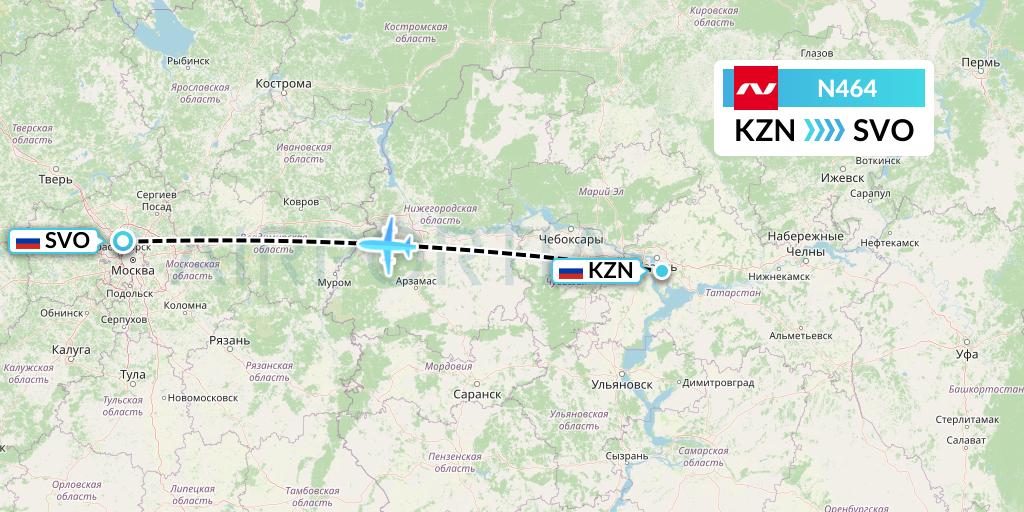 N464 Nordwind Airlines Flight Map: Kazan to Moscow