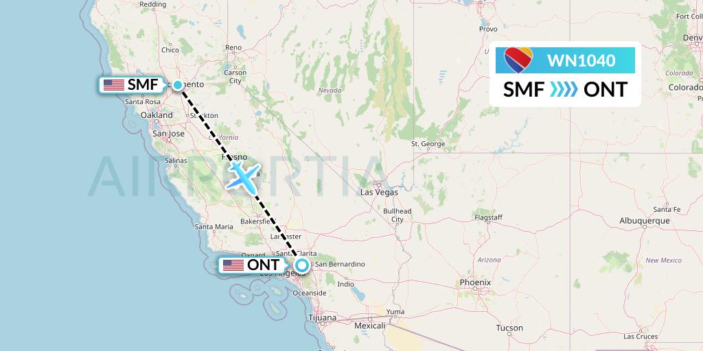 WN1040 Southwest Airlines Flight Map: Sacramento to Ontario
