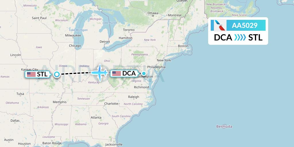 AA5029 American Airlines Flight Map: Washington to St. Louis