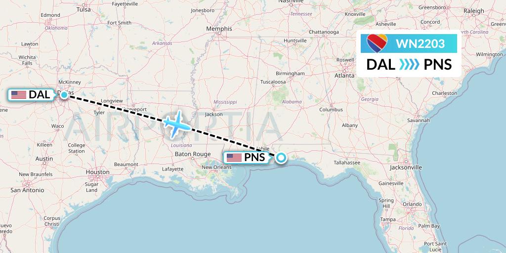 WN2203 Southwest Airlines Flight Map: Dallas to Pensacola