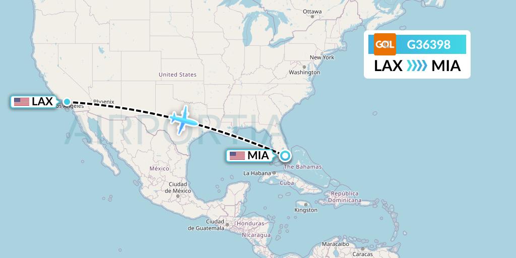 G36398 GOL Transportes Aeros Flight Map: Los Angeles to Miami