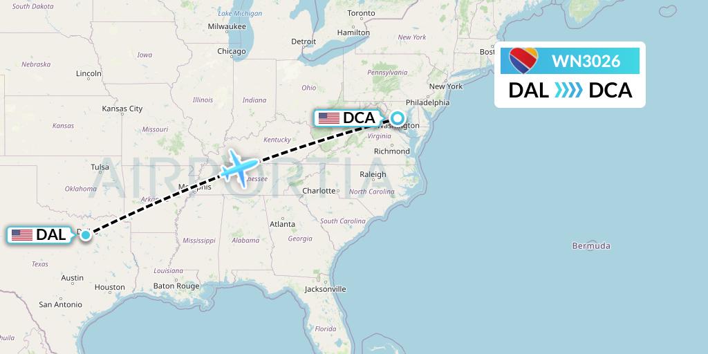 WN3026 Southwest Airlines Flight Map: Dallas to Washington
