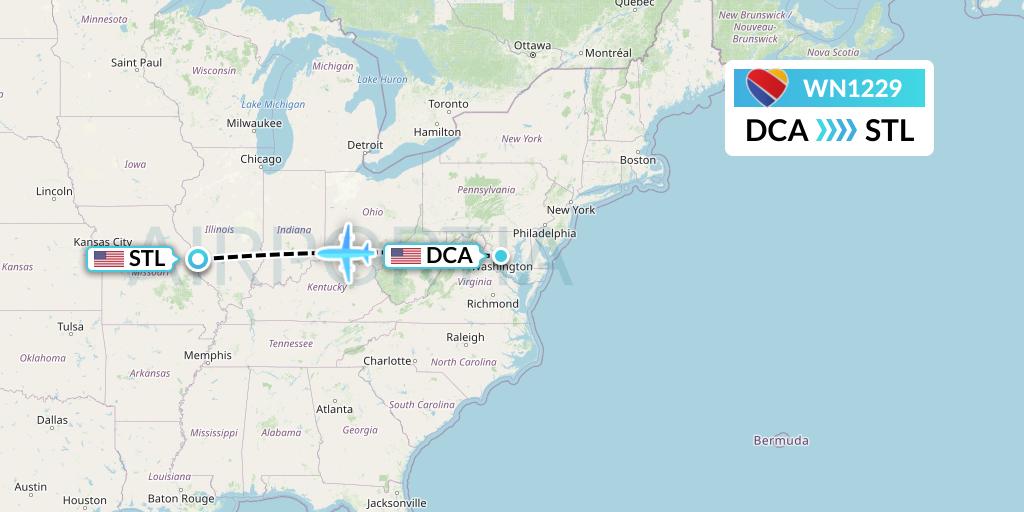 WN1229 Southwest Airlines Flight Map: Washington to St. Louis