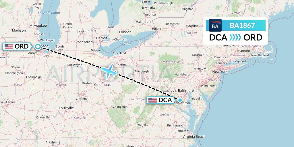BA1867 British Airways Flight Map: Washington to Chicago