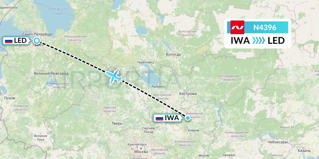 N4396 Nordwind Airlines Flight Map: Ivanovo to St. Petersburg