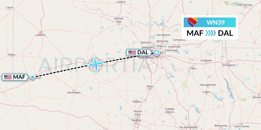 WN39 Southwest Airlines Flight Map: Midland to Dallas