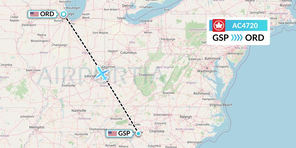 AC4720 Air Canada Flight Map: Greenville-Spartanburg to Chicago