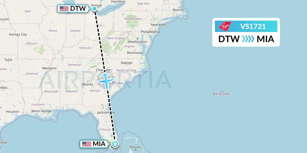 VS1721 Virgin Atlantic Airways Flight Map: Detroit to Miami