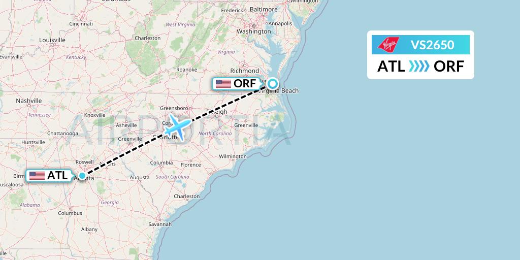 VS2650 Virgin Atlantic Airways Flight Map: Atlanta to Norfolk