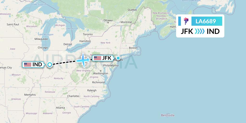 LA6689 LAN Airlines Flight Map: New York to Indianapolis