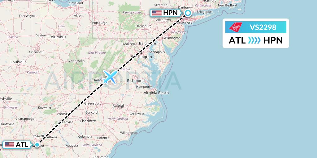 VS2298 Virgin Atlantic Airways Flight Map: Atlanta to White Plains