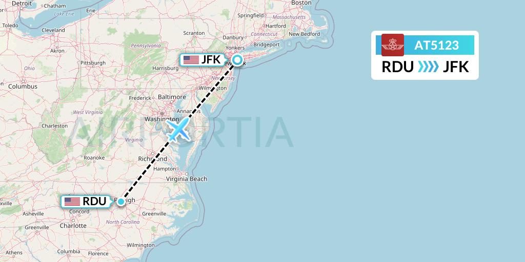 AT5123 Royal Air Maroc Flight Map: Raleigh-Durham to New York