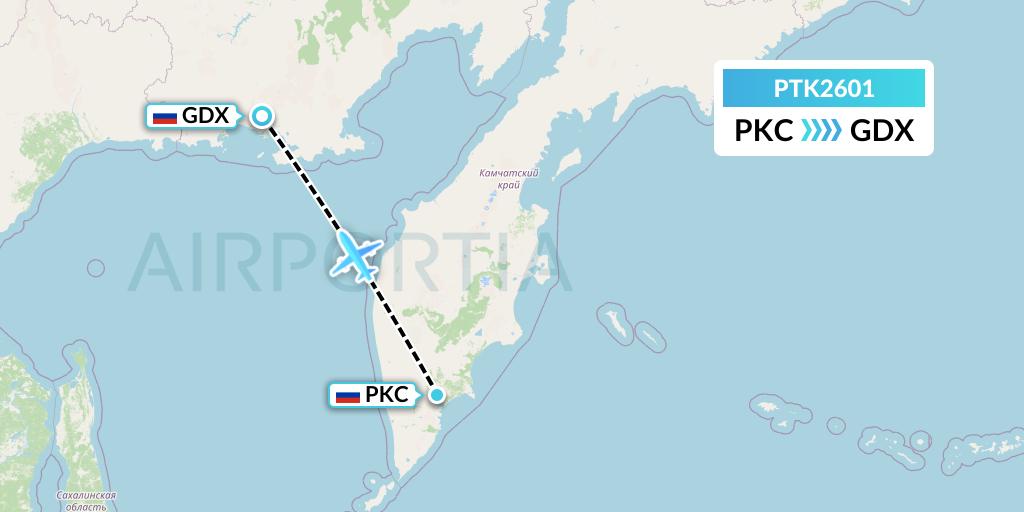 PTK2601 Petropavlovsk-Kamchatsky Airline Flight Map: Petropavlovsk-Kamchatsky to Magadan
