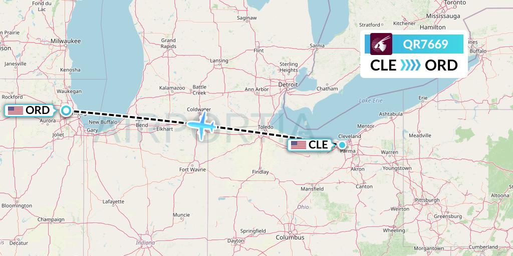 QR7669 Qatar Airways Flight Map: Cleveland to Chicago