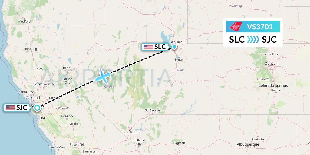 VS3701 Virgin Atlantic Airways Flight Map: Salt Lake City to San Jose