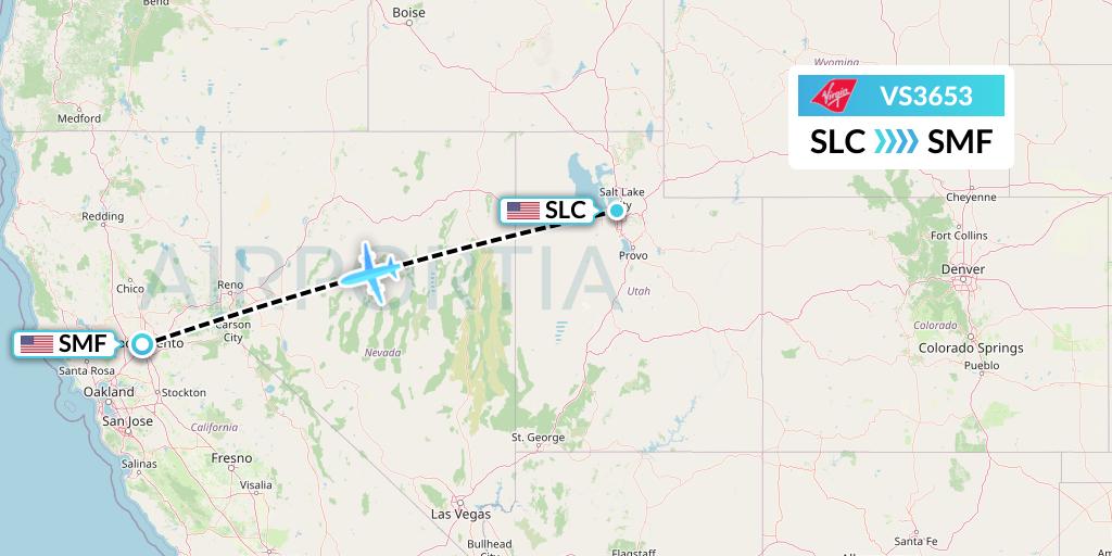 VS3653 Virgin Atlantic Airways Flight Map: Salt Lake City to Sacramento