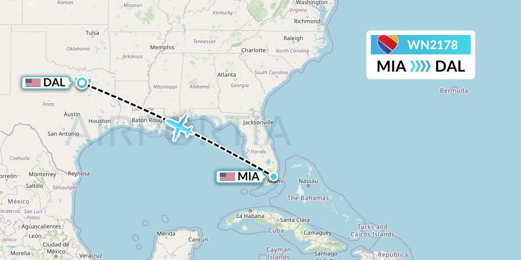WN2178 Southwest Airlines Flight Map: Miami to Dallas