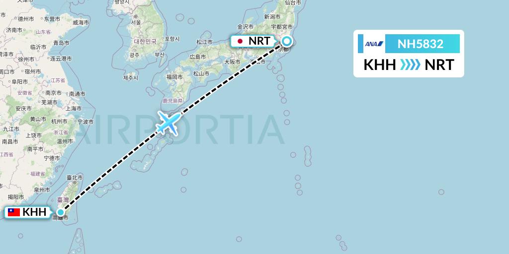 NH5832 All Nippon Airways Flight Map: Kaohsiung to Tokyo