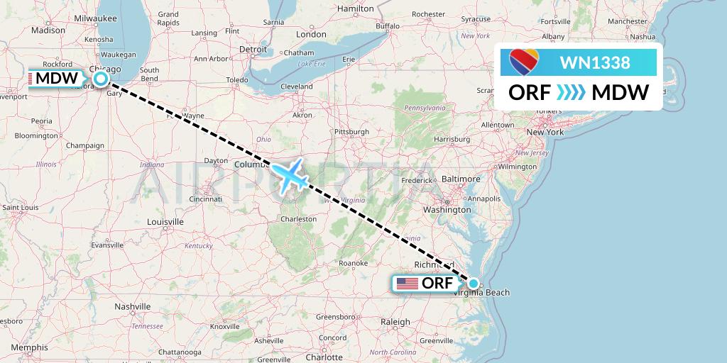 WN1338 Southwest Airlines Flight Map: Norfolk to Chicago