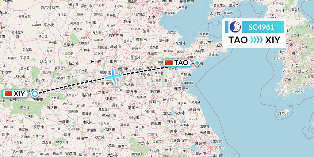 SC4961 Shandong Airlines Flight Map: Qingdao to Xi'an