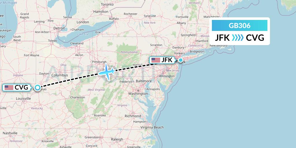 GB306 ABX Air Flight Map: New York to Cincinnati